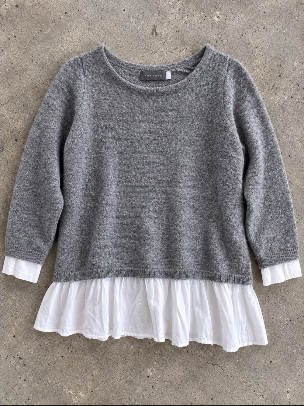 Mint Velvet Wool Mohair Layered Sweater Woman 10 Gray White Shirt Hem Preppy
